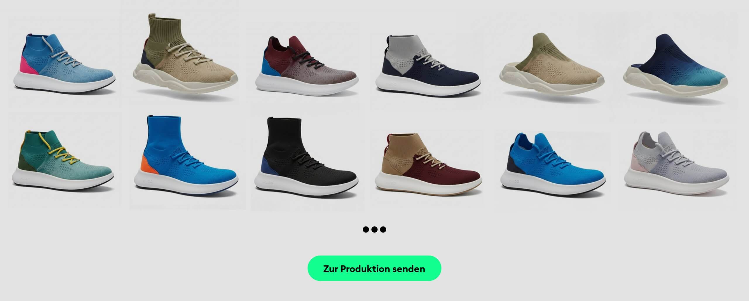 Eine nahezu endlose Reihe fertiger Schuhvarianten, aus einem einzigen Design generiert – verschiedene Farben, Stricktexturen und Silhouetten.
